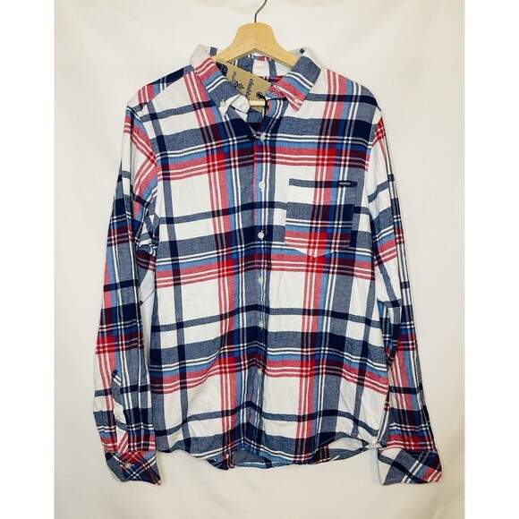 CHUBBIES All Around Stretch Flannel‎ Red White Blue Button Front Shirt LARGE NEW - Picture 1 of 7